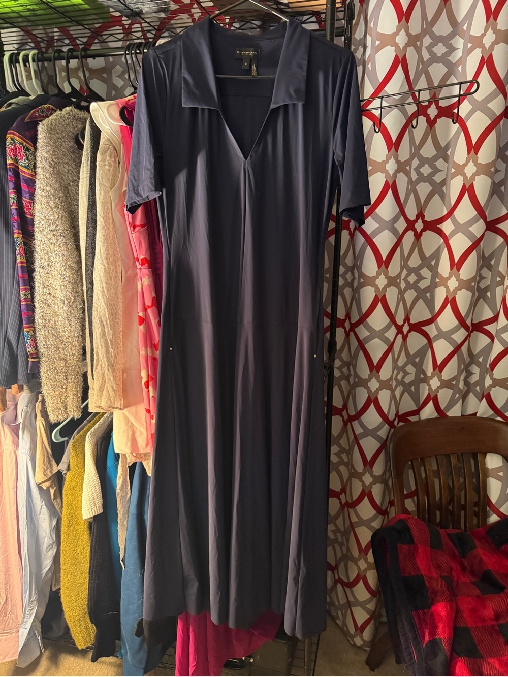Donna Karan Dark Navy V‑Neck Polo Collar Maxi Dress